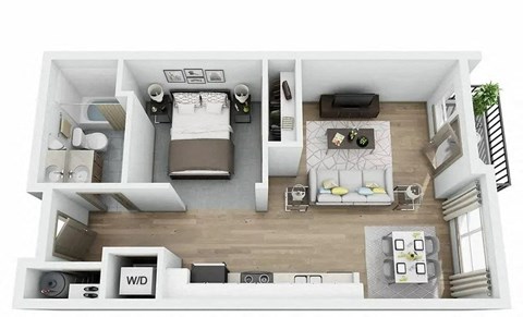 Floor plan for 1 bed, 1 bath, 577 sqft